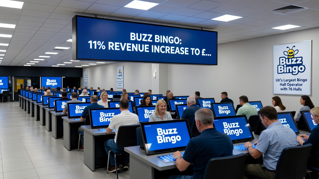 Close-up of bingo cards and electronic tablets used by players at a Buzz Bingo venue